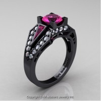 Classic Edwardian 14K Black Gold 1.0 Ct Pink Sapphire Diamond Engagement Ring R285-14KBGDPS