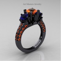 Classic French 14K Black Gold Three Stone 2.0 Ct Orange and Blue Sapphire Solitaire Ring R421-14KBGBSOS
