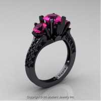 Classic French 14K Black Gold Three Stone 2.0 Ct Pink Sapphire Black Diamond Solitaire Ring R421-14KBGBDPS