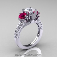 Classic French 14K White Gold Three Stone 2.0 Ct CZ Rose Ruby Diamond Solitaire Ring R421-14KWGDRRCZ