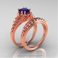French 14K Rose Gold 1.0 Ct Princess Blue Sapphire Diamond Lace Engagement Ring Wedding Band Bridal Set R175PS-14KRGDBS
