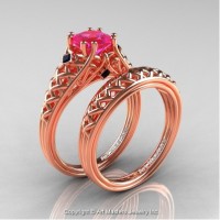 French 14K Rose Gold 1.0 Ct Princess Pink Sapphire Black Diamond Lace Engagement Ring Wedding Band Bridal Set R175PS-14KRGBDPS