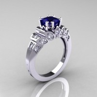 Classic French 14K White Gold 1.23 CT Blue Sapphire Diamond Engagement Ring R216P-14KWGDBS