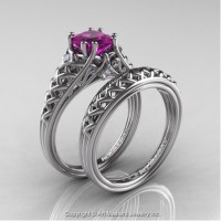 French 14K White Gold 1.0 Ct Princess Amethyst Diamond Lace Engagement Ring Wedding Band Bridal Set R175PS-14KWGDAM