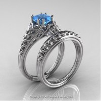 French 14K White Gold 1.0 Ct Princess Blue Topaz Diamond Lace Engagement Ring Wedding Band Bridal Set R175PS-14KWGDBT