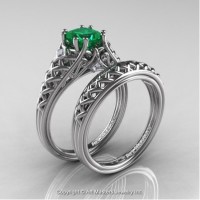 French 14K White Gold 1.0 Ct Princess Emerald Diamond Lace Engagement Ring Wedding Band Bridal Set R175PS-14KWGDEM