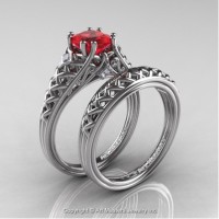 French 14K White Gold 1.0 Ct Princess Ruby Diamond Lace Engagement Ring Wedding Band Bridal Set R175PS-14KWGDR