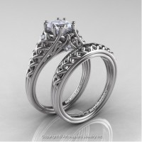 French 14K White Gold 1.0 Ct Princess White Sapphire Diamond Lace Engagement Ring Wedding Band Bridal Set R175PS-14KWGDWS
