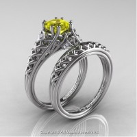 French 14K White Gold 1.0 Ct Princess Yellow Sapphire Diamond Lace Engagement Ring Wedding Band Bridal Set R175PS-14KWGDYS