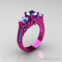 Classic 14K Pink Gold Three Stone Aquamarine Solitaire Engagement Ring Wedding Ring R200-14KPGAQ