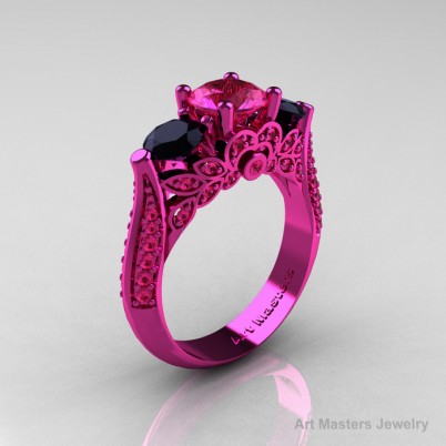 Classic-Pink-Gold-Three-Stone-Pink-Sapphire-Black-Diamond-Solitaire-Engagement-Ring-R200-PGBDPS-P-402×402