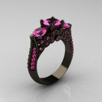 Classic 14K Black Gold Three Stone Pink Sapphire Designer Solitaire Ring R200-14KBGPS