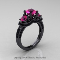 Gorgeous 14K Black Gold Three Stone Pink Sapphire Black Diamond Engagement Ring Wedding Ring R182-14KBGBDPS