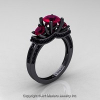 Gorgeous 14K Black Gold Three Stone Raspberry Red Garnet Black Diamond Engagement Ring Wedding Ring R182-14KBGBDG