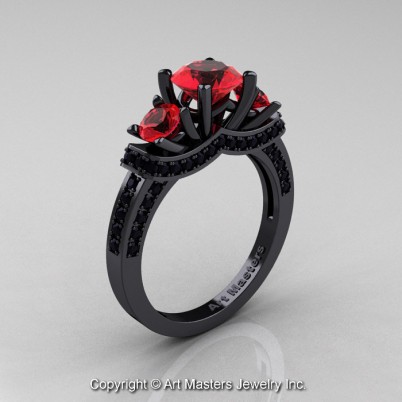 Exclusive-French-14K-Black-Gold-Three-Stone-Ruby-Black-Diamond-Engagement-Ring-Wedding-Ring-R182-14KBGBDR-P-402×402