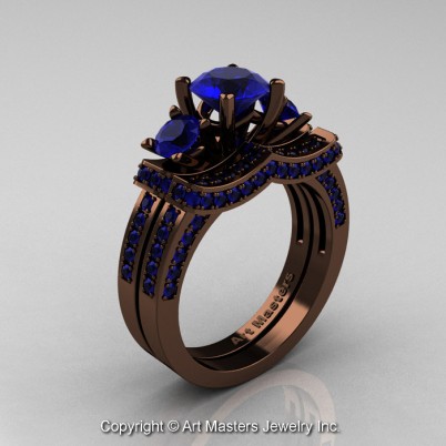 Exclusive-French-14K-Chocolate-Brown-Gold-Three-Stone-Blue-Sapphire-Engagement-Ring-Wedding-Band-Bridal-Set-R182S-14KBRBS-P-402×402
