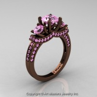 Exclusive French 14K Chocolate Brown Gold Three Stone Light Pink Sapphire Engagement Ring R182-14KBRGLPS