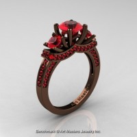 Exclusive French 14K Chocolate Brown Gold Three Stone Rubies Engagement Ring R182-14KBRGR