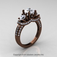 Exclusive French 14K Chocolate Brown Gold Three Stone White Sapphire Engagement Ring R182-14KBRGWS