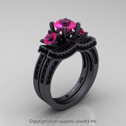 Exclusive-French-14K-Matte-Black-Gold-Three-Stone-Pink-Sapphire-Black-Diamond-Engagement-Ring-Wedding-Band-Bridal-Set-R182S-14KMBGBDPS-P-402×402