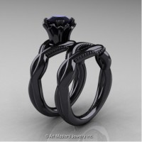 Faegheh Modern Classic 14K Black Gold 1.0 Ct Black Diamond Engagement Ring Wedding Band Set R290S-14KBGBD
