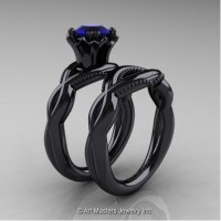 Faegheh Modern Classic 14K Black Gold 1.0 Ct Blue Sapphire Engagement Ring Wedding Band Set R290S-14KBGBS