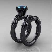 Faegheh Modern Classic 14K Black Gold 1.0 Ct Blue Topaz Engagement Ring Wedding Band Set R290S-14KBGBT