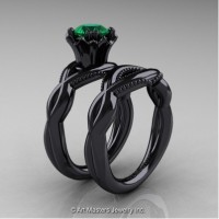 Faegheh Modern Classic 14K Black Gold 1.0 Ct Emerald Engagement Ring Wedding Band Set R290S-14KBGEM