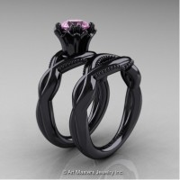 Faegheh Modern Classic 14K Black Gold 1.0 Ct Light Pink Sapphire Engagement Ring Wedding Band Set R290S-14KBGLPS