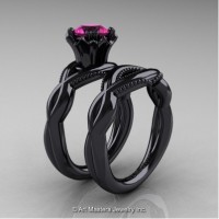 Faegheh Modern Classic 14K Black Gold 1.0 Ct Pink Sapphire Engagement Ring Wedding Band Set R290S-14KBGPS