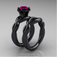 Faegheh Modern Classic 14K Black Gold 1.0 Ct Rose Ruby Engagement Ring Wedding Band Set R290S-14KBGRR
