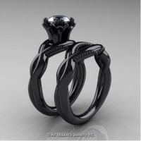 Faegheh Modern Classic 14K Black Gold 1.0 Ct White Sapphire Engagement Ring Wedding Band Set R290S-14KBGWS
