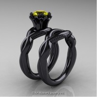 Faegheh Modern Classic 14K Black Gold 1.0 Ct Yellow Sapphire Engagement Ring Wedding Band Set R290S-14KBGYS