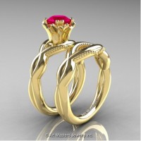 Faegheh Modern Classic 14K Yellow Gold 1.0 Ct Rose Ruby Engagement Ring Wedding Band Set R290S-14KYGRR