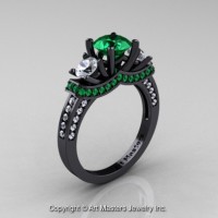 Exclusive 14K Black Gold Three Stone Emerald CZ Diamond Engagement Ring Wedding Ring R182-14KBGDCZEM