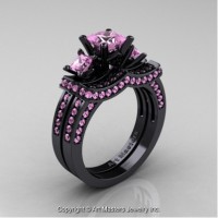 French 14K Black Gold Three Stone Princess Light Pink Sapphire Engagement Ring Wedding Band Bridal Set R183S-14KBGLPS