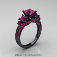 French 14K Black Gold Three Stone Princess Pink Sapphire Engagement Ring R183-14KBGPS