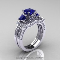 French 14K White Gold Three Stone Princess Blue Sapphire Diamond Engagement Ring Wedding Band Bridal Set R183S-14KWGDBS