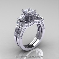 French 14K White Gold Three Stone Princess CZ Diamond Engagement Ring Wedding Band Bridal Set R183S-14KWGDCZ