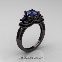 Gorgeous 14K Black Gold Three Stone Russian Alexandrite Black Diamond Engagement Ring Wedding Ring R182-14KBGBDAL