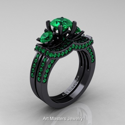 French-Black-Gold-Three-Stone-Emerald-Wedding-Ring-Engagement-Ring-Bridal-Set-R182S-14KBGEM-P-402×402