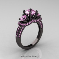 French 14K Black Gold Three Stone Light Pink Sapphire Wedding Ring Engagement Ring R182-14KBGLPS