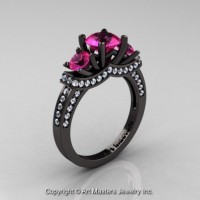 French 14K Black Gold Three Stone Pink Sapphire Diamond Engagement Ring R182-14KBGDPS