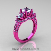 French 14K Pink Gold Three Stone Aquamarine Wedding Ring Engagement Ring R182-14KPGAQ