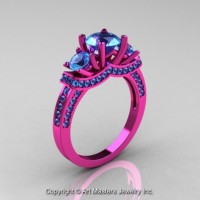 French 14K Pink Gold Three Stone Blue Topaz Wedding Ring Engagement Ring R182-14KPGBT