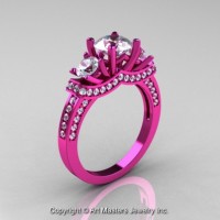French 14K Pink Gold Three Stone White Sapphire Diamond Wedding Ring Engagement Ring R182-14KPGDWS