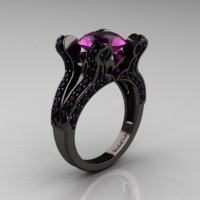 French Vintage 14K Black Gold 3.0 CT Amethyst Black DIamond Pisces Wedding Ring Engagement Ring Y228-14KBGBDAM