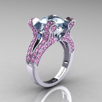 French Vintage 14K White Gold 3.0 CT Aquamarine Light Pink Sapphire Pisces Wedding Ring Engagement Ring Y228-14KWGLPSAQ