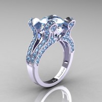 French Vintage 14K White Gold 3.0 CT Aquamarine Pisces Wedding Ring Engagement Ring Y228-14KWGAQ