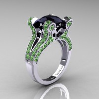 French Vintage 14K White Gold 3.0 CT Black Moissanite Green Topaz Pisces Wedding Ring Engagement Ring Y228-14KWGGTBM